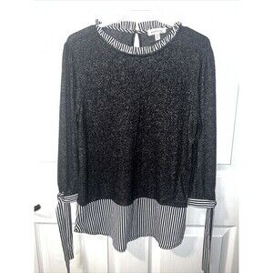 Monteau Womens Shirt Sweater Pullover Size Medium Long Sleeve Black Stripe‎